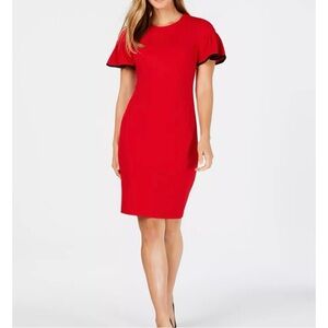 Calvin Klein Red Flutter Black Line Detail Sleeve Midi Sheath Dress Macy’s